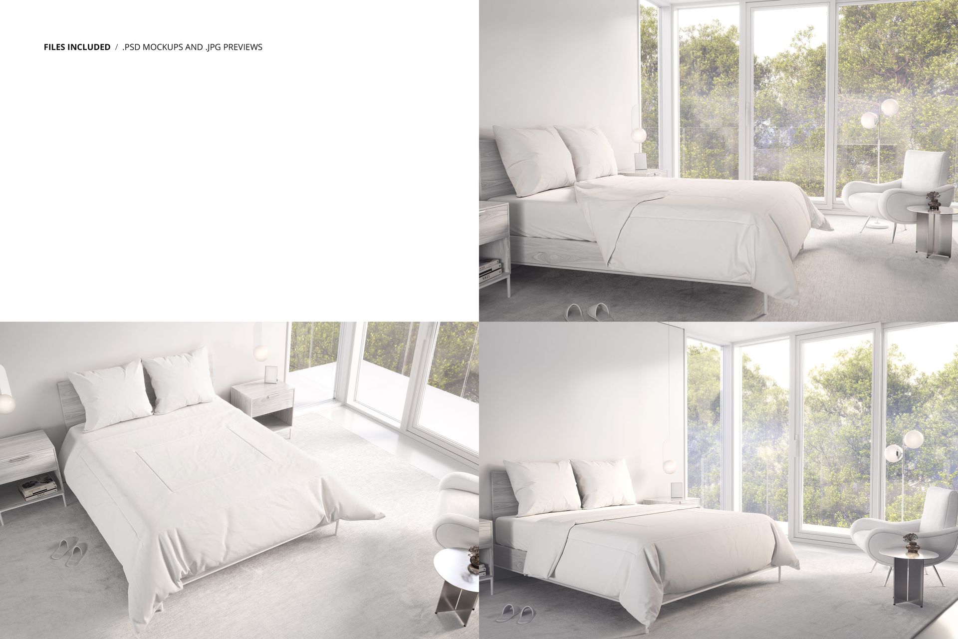 White comforter and bedding mockup displayed in a bright bedroom, with sunlight streaming through floor-to-ceiling windows.