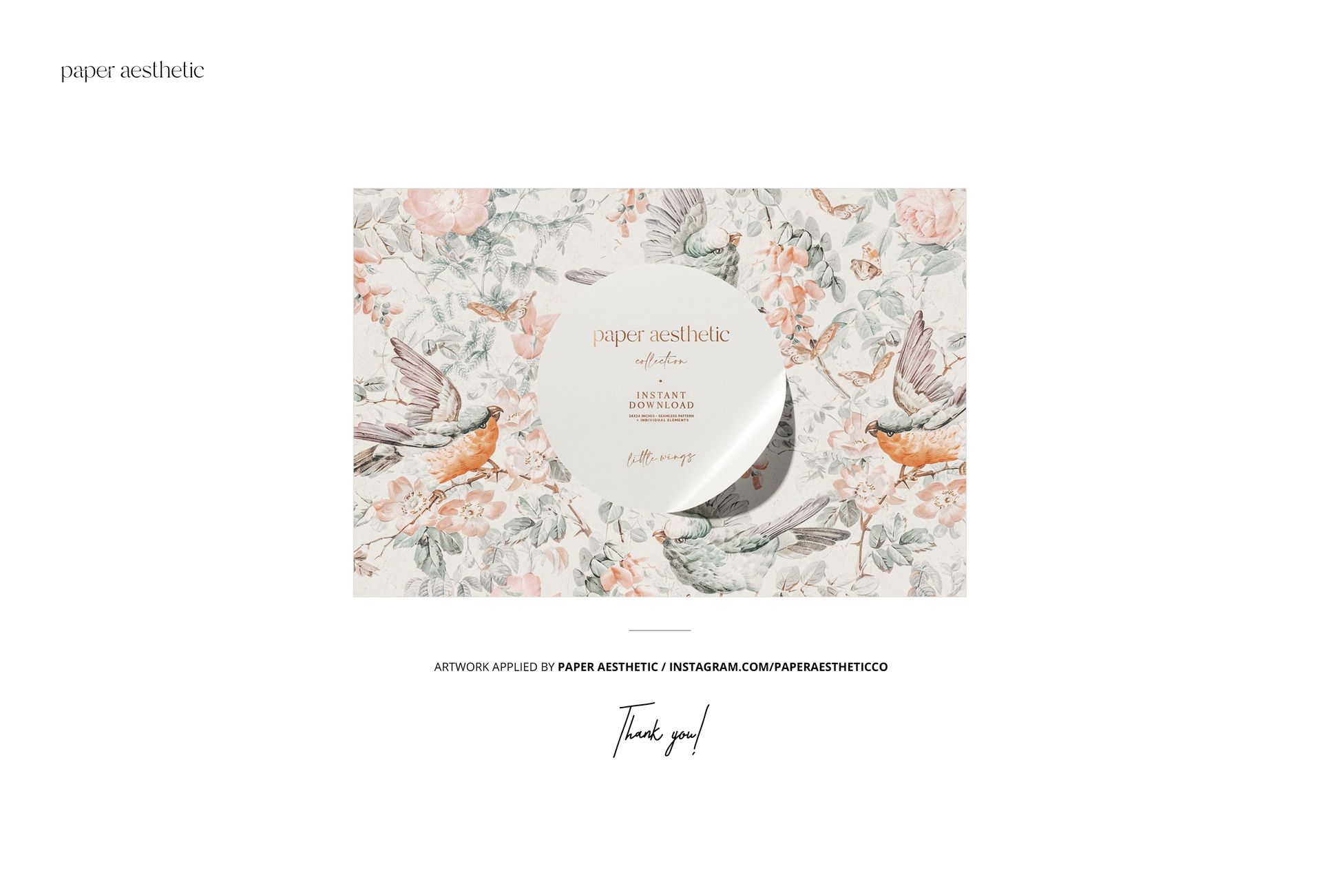 Folded fabric mockup displaying a floral and bird pattern in soft pastel colors, viewed from the front.