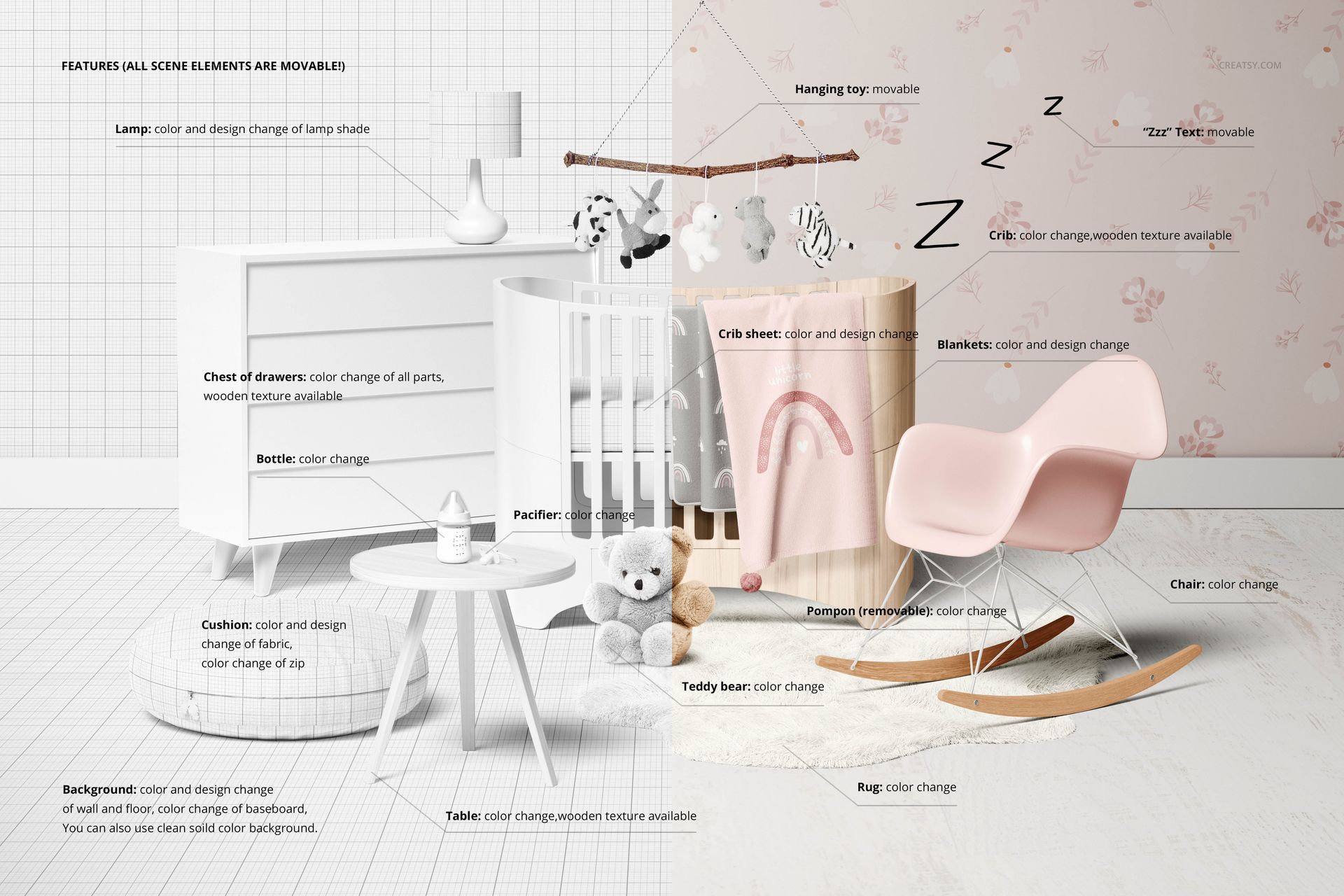 Modern baby room mockup featuring a crib, dresser, rocking chair, and plush toys, split between two design styles.