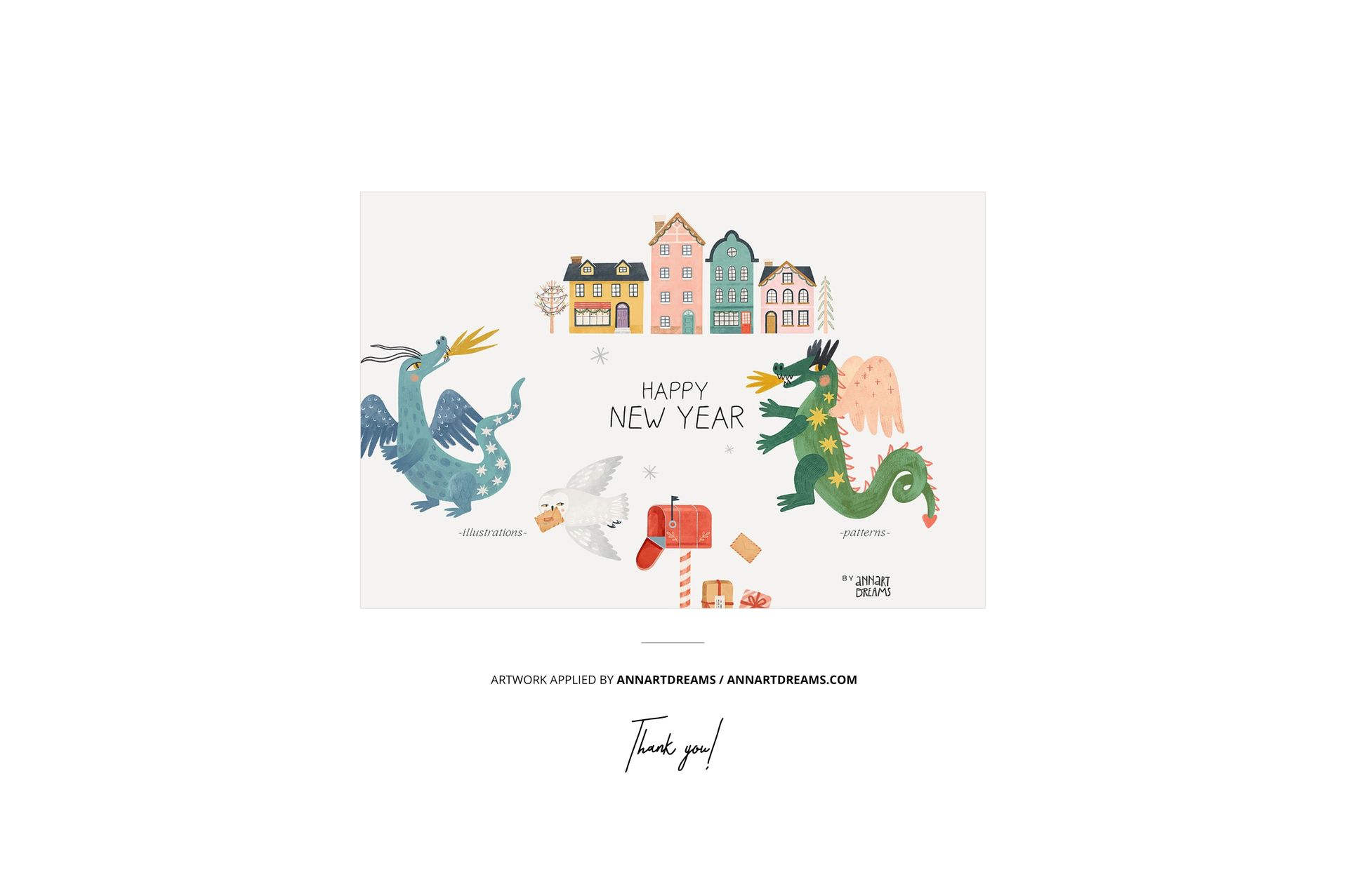 Front view of cotton fabrics stack mockup with Christmas scene, featuring illustrated dragons and holiday elements.