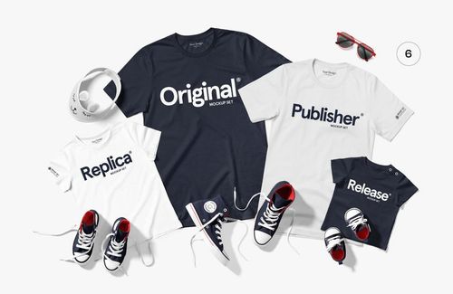 PSD mockup showing a family set of t-shirts with bold text, displayed alongside shoes, sunglasses, and headphones.
