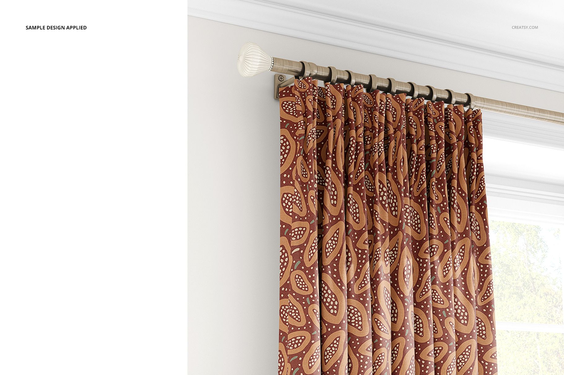 PSD mockup displaying a decorative curtain with abstract brown and beige design, mounted on a classic curtain rod.