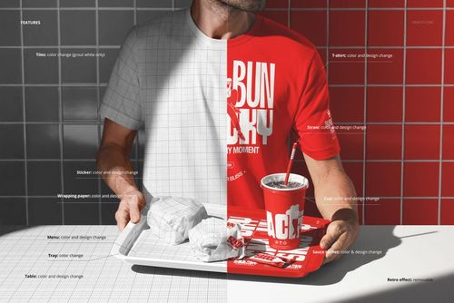 Man holding a tray with wrapped burgers and a drink cup, split scene showing both grayscale and red color mockup variations.
