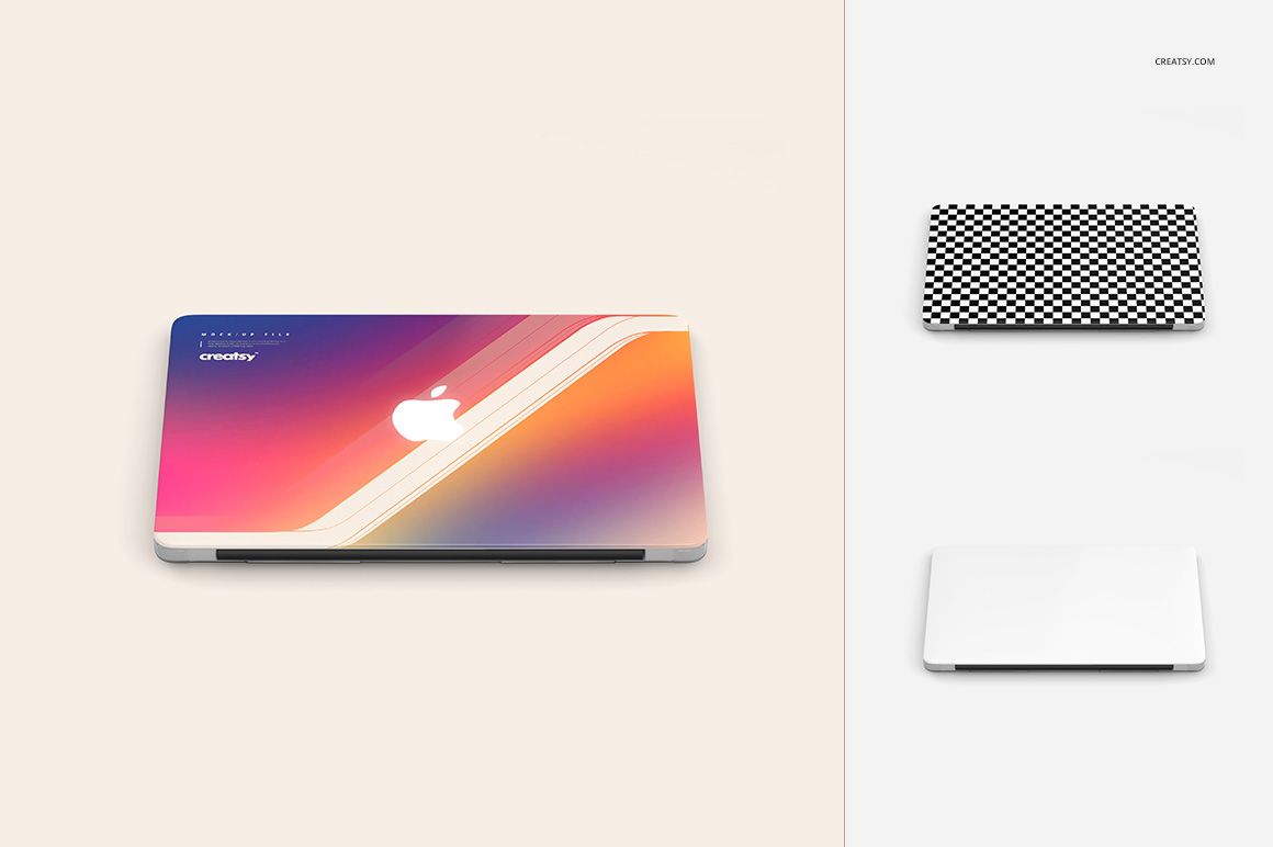 Macbook case mockup showing a colorful abstract design on a closed laptop, with top view and neutral background.