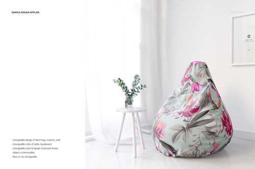 All-over print bean bag chair mockup featuring a botanical pattern, shown in a minimalist living space with natural light.
