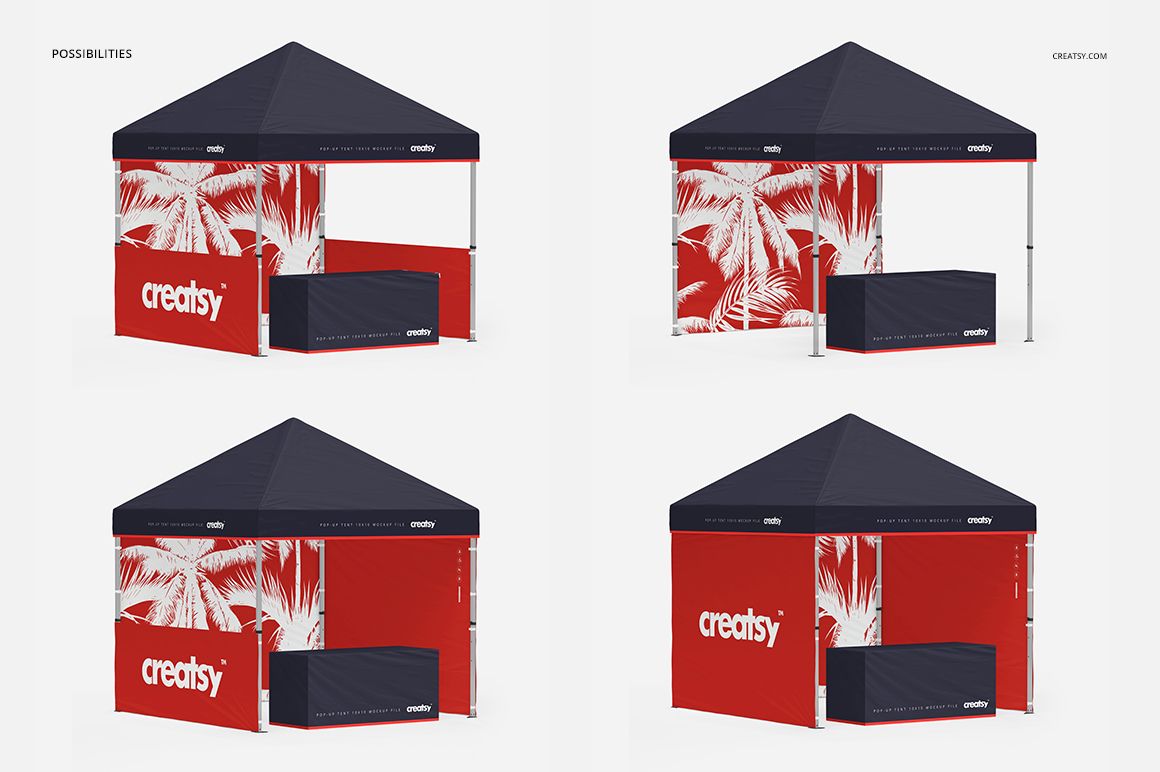 10x10 pop up tent PSD mockup with dark blue top and red side panels decorated with white tropical leaf designs.