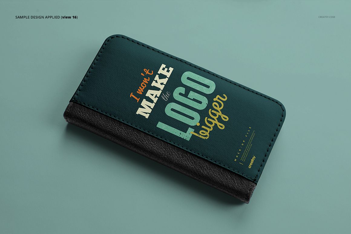 Foldable iPhone X case mockup with dark green and black colors, shown in angled top view on a light teal surface.