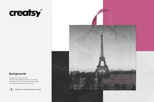 Front view of a plastic bag mockup with Eiffel Tower design, placed on a geometric background in white, gray, and pink.