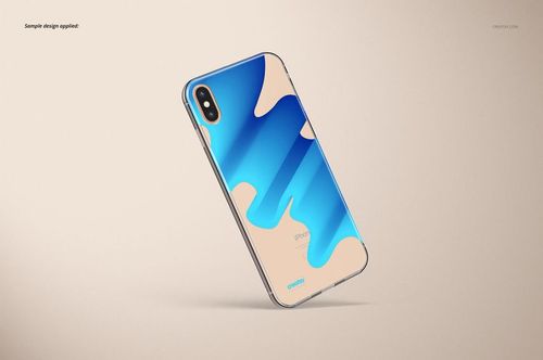 iPhone XS Max clear case mockup featuring a blue and beige abstract design, displayed on a neutral custom background.