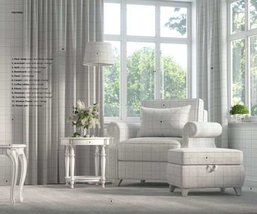 Victorian style armchair and ottoman mockup in a bright living room, with grid pattern and large windows in the background.