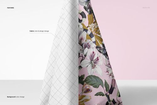 Jersey fabric mockup showing a hand gripping material, split between a white grid and pink floral pattern.