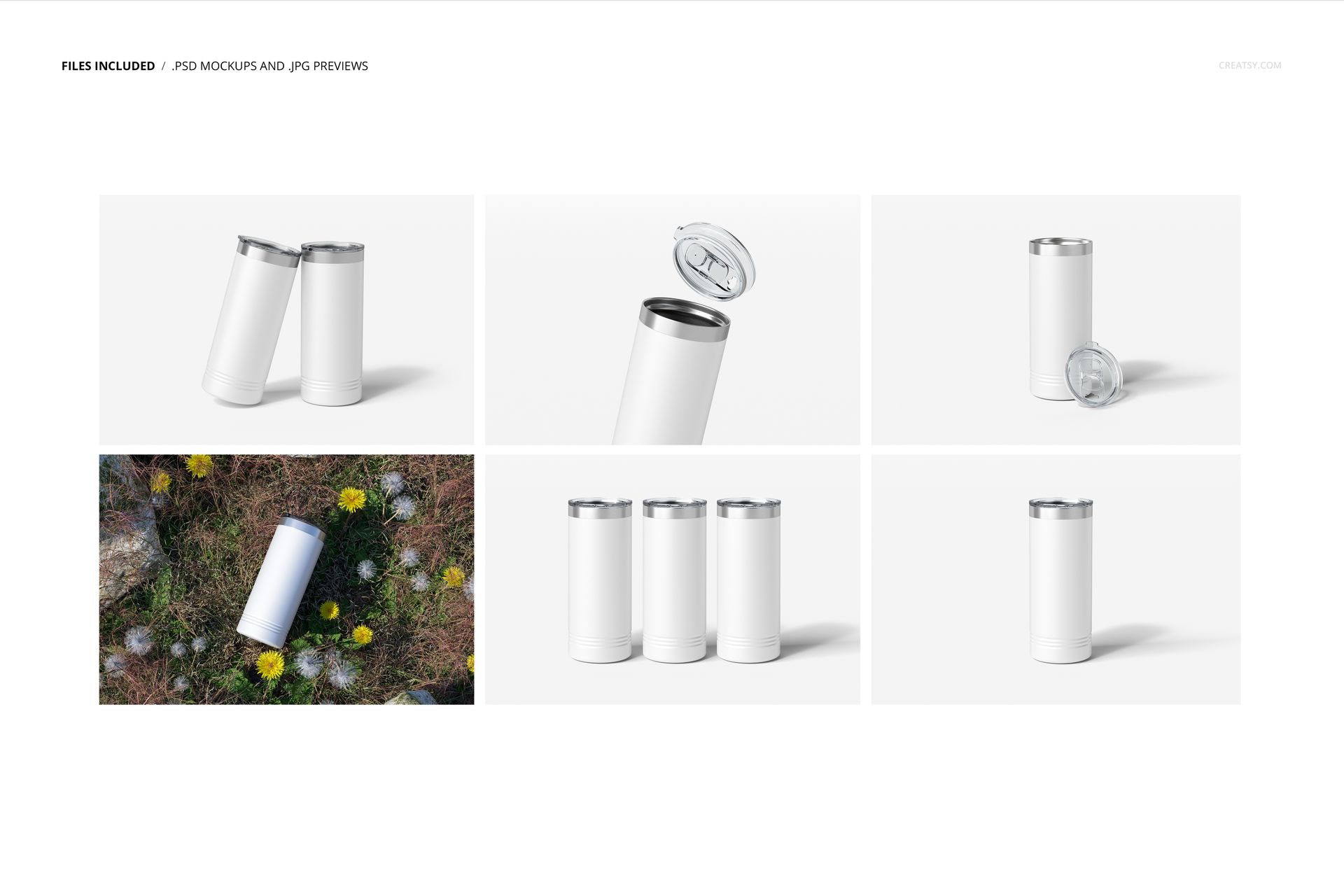 White powder coated skinny tumblers displayed in multiple mockup perspectives, with one in a field of yellow flowers.