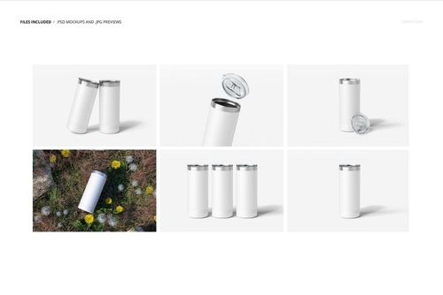 White powder coated skinny tumblers displayed in multiple mockup perspectives, with one in a field of yellow flowers.