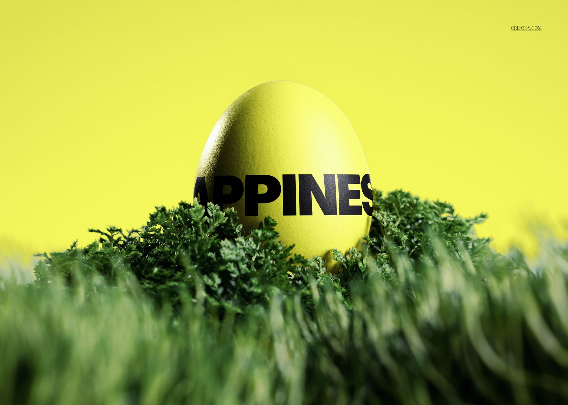 Yellow Easter egg mockup with bold black text partially visible, placed in green grass with a bright yellow background.