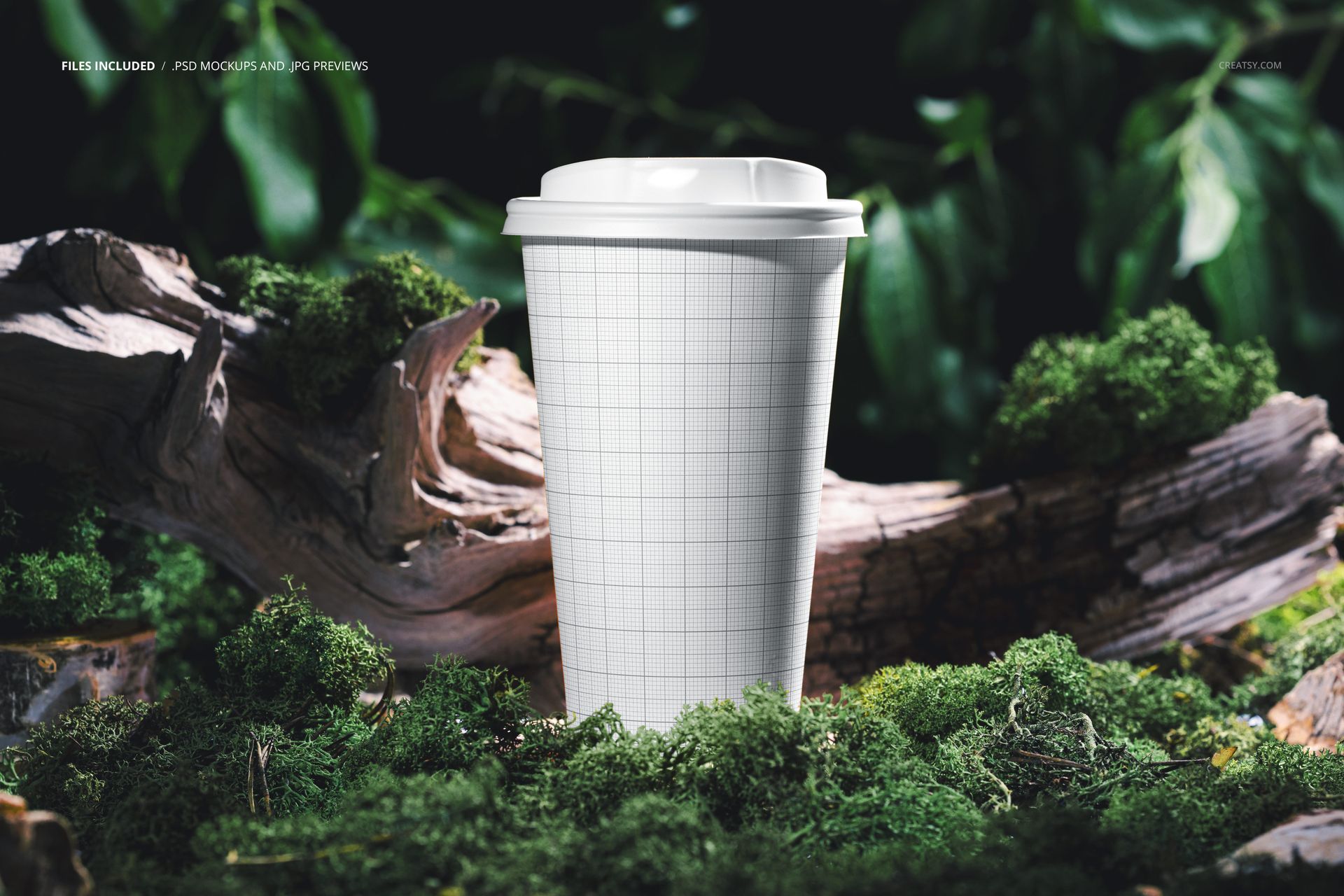 PSD mockup of a paper cup featuring a blank grid design, placed among green moss and tree bark in a forest.