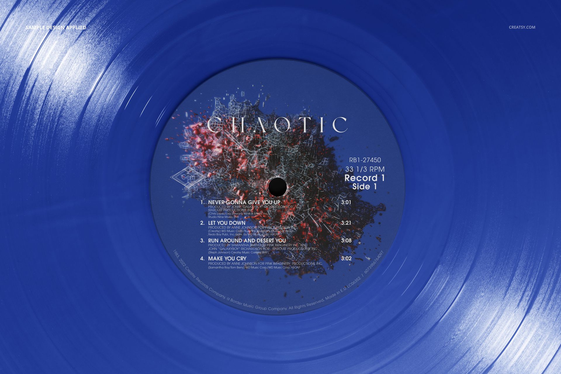 Blue vinyl record mockup displayed from above, highlighting the circular grooves and artistic center label.