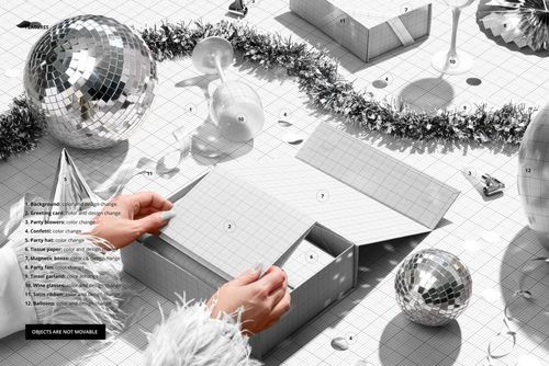 Magnetic box packaging mockup with grid pattern, shown in a carnival-themed scene with disco balls and white garland.