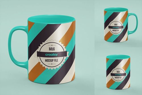 Sublimation mug mockup featuring bold diagonal stripes in teal, gold, black, and white, displayed on a blue surface.