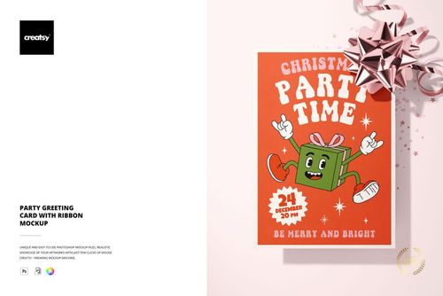 PSD mockup featuring a festive greeting card with playful graphics, confetti accents, and a metallic ribbon bow.