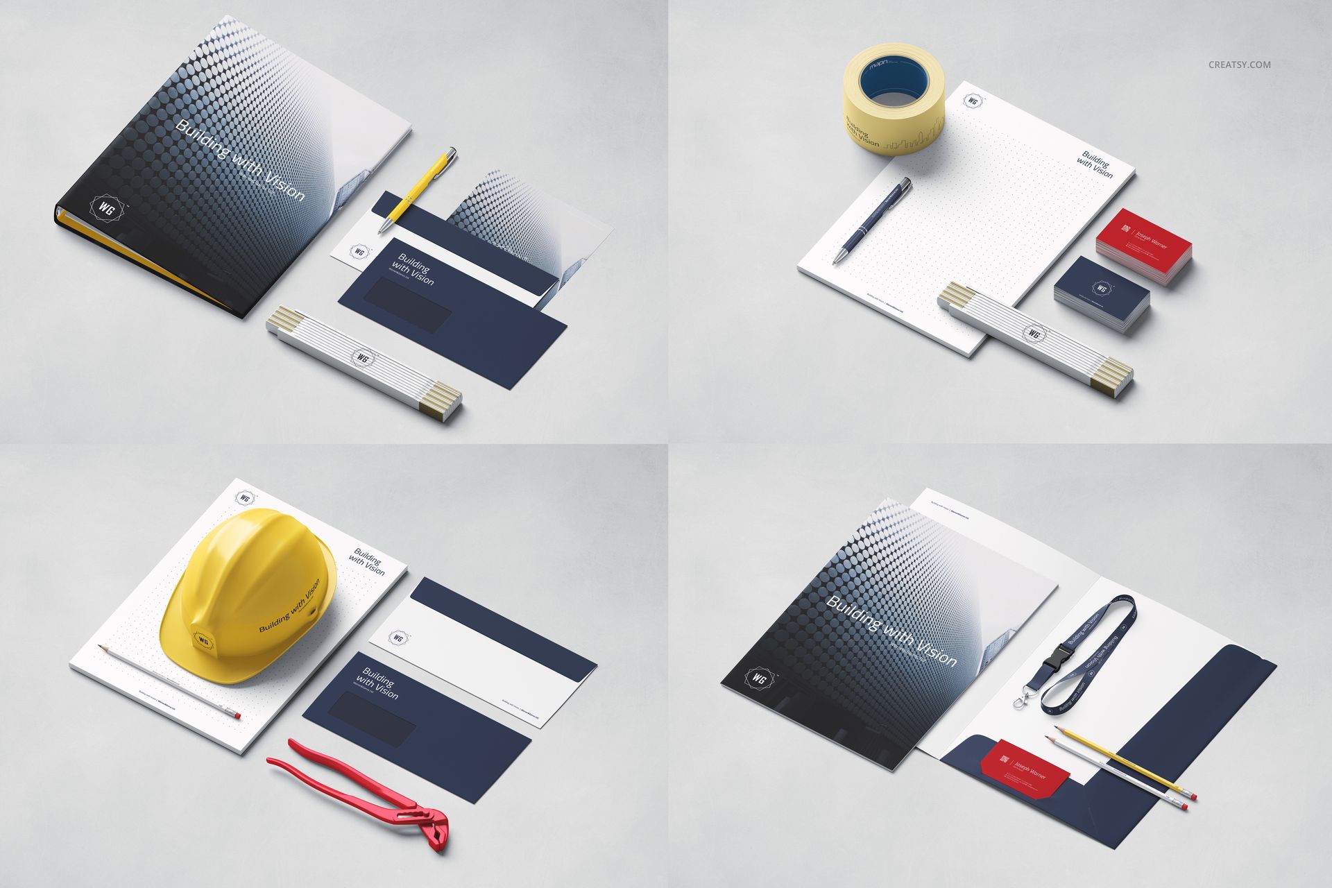 Construction company identity mockup set with stationery, business cards, hard hat, and tools on a light surface.