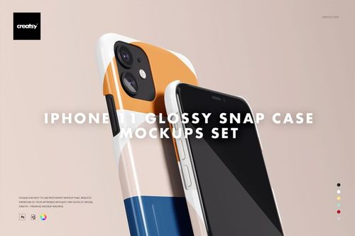 Glossy iPhone 11 snap case mockup displaying abstract geometric patterns in orange, blue, and white on a neutral background.