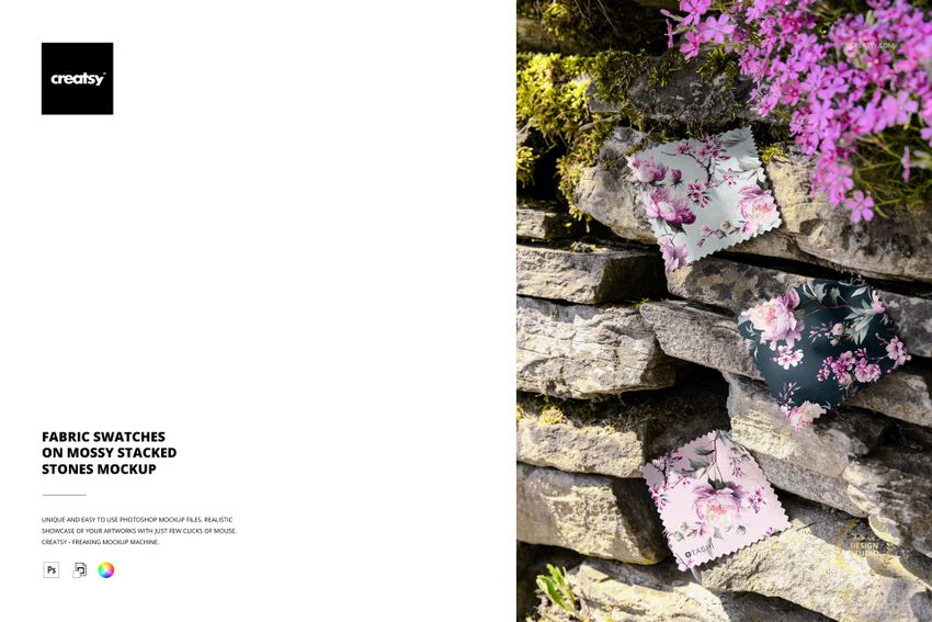 Fabric Swatches on Mossy Stacked Stones Mockup - mockup screenshot 1