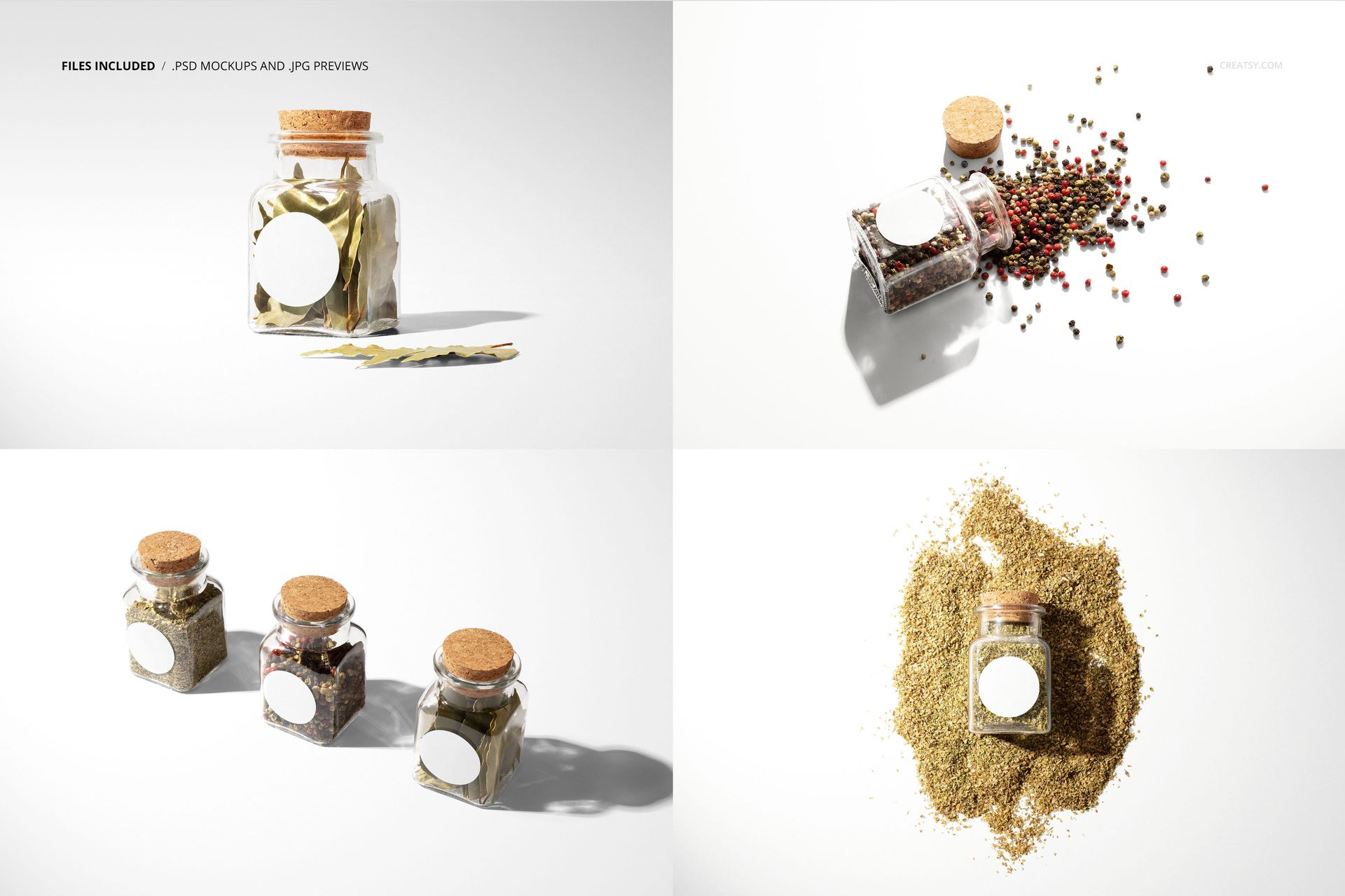 Round spice jar labels mockup featuring glass jars with cork lids, viewed from various angles on a white background.