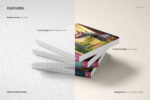 Front view of layered cardboard baby book mockup, displaying both plain white and colorful illustrated covers.
