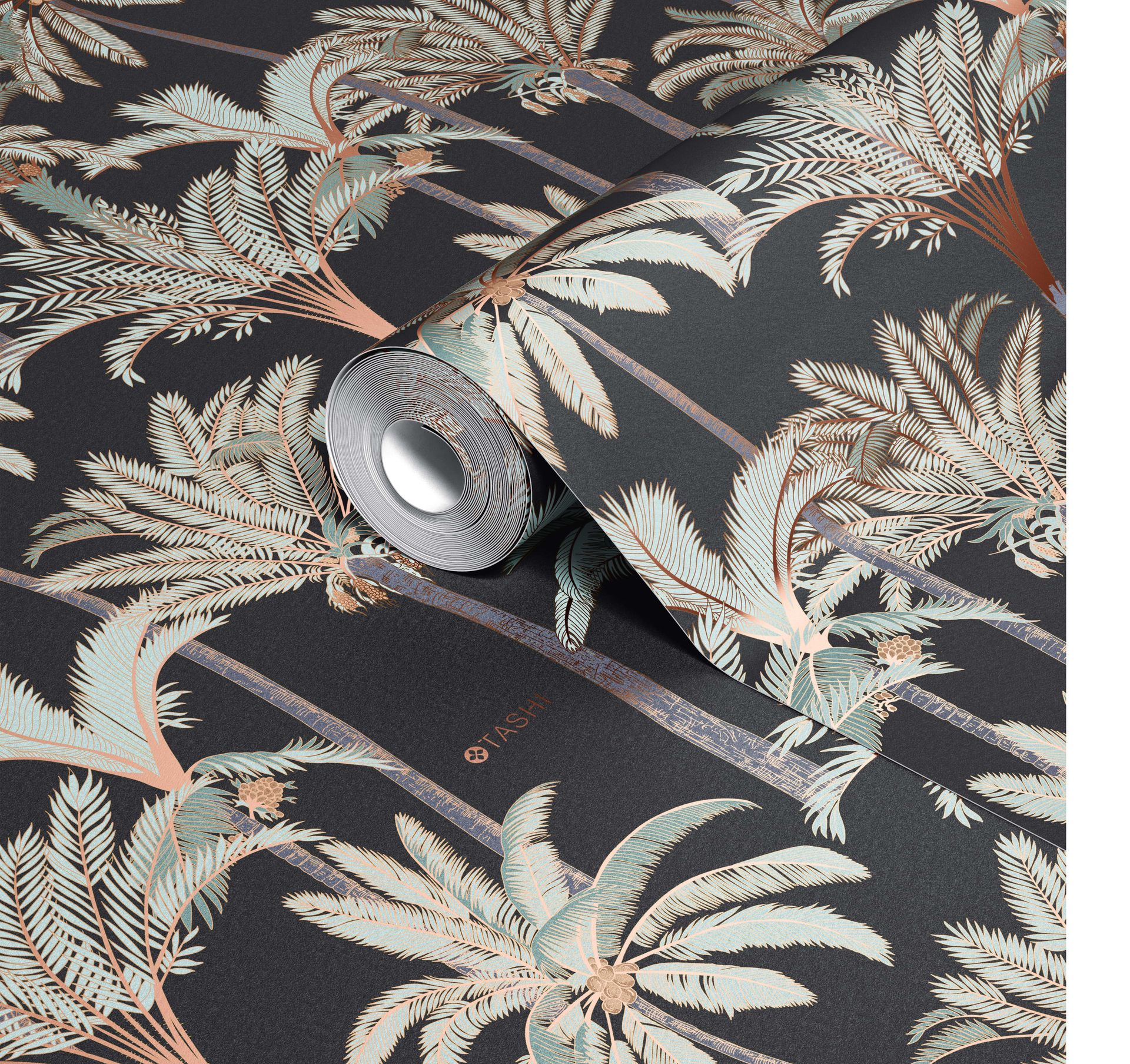 Close-up view of a rolled wallpaper featuring a detailed palm tree design on a dark background, suitable for PSD mockup use.