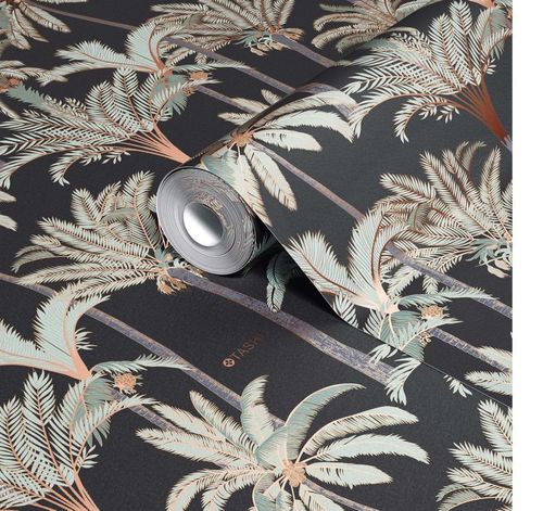 Close-up view of a rolled wallpaper featuring a detailed palm tree design on a dark background, suitable for PSD mockup use.