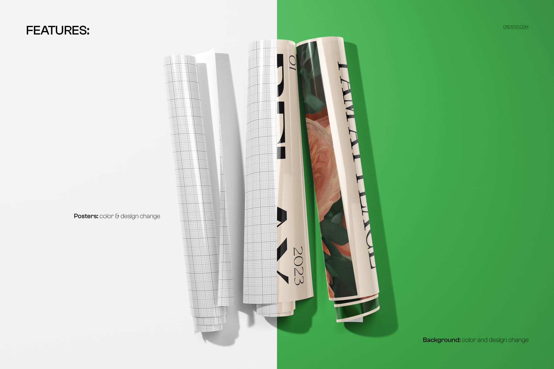 Rolled poster mockup showing three glossy prints with varied artwork, placed vertically on white and green surface.
