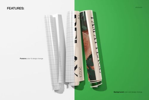 Rolled poster mockup showing three glossy prints with varied artwork, placed vertically on white and green surface.