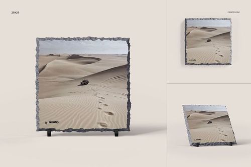 Mockup of a square rock slate featuring a sand dune scene, presented in front, side, and angled views.