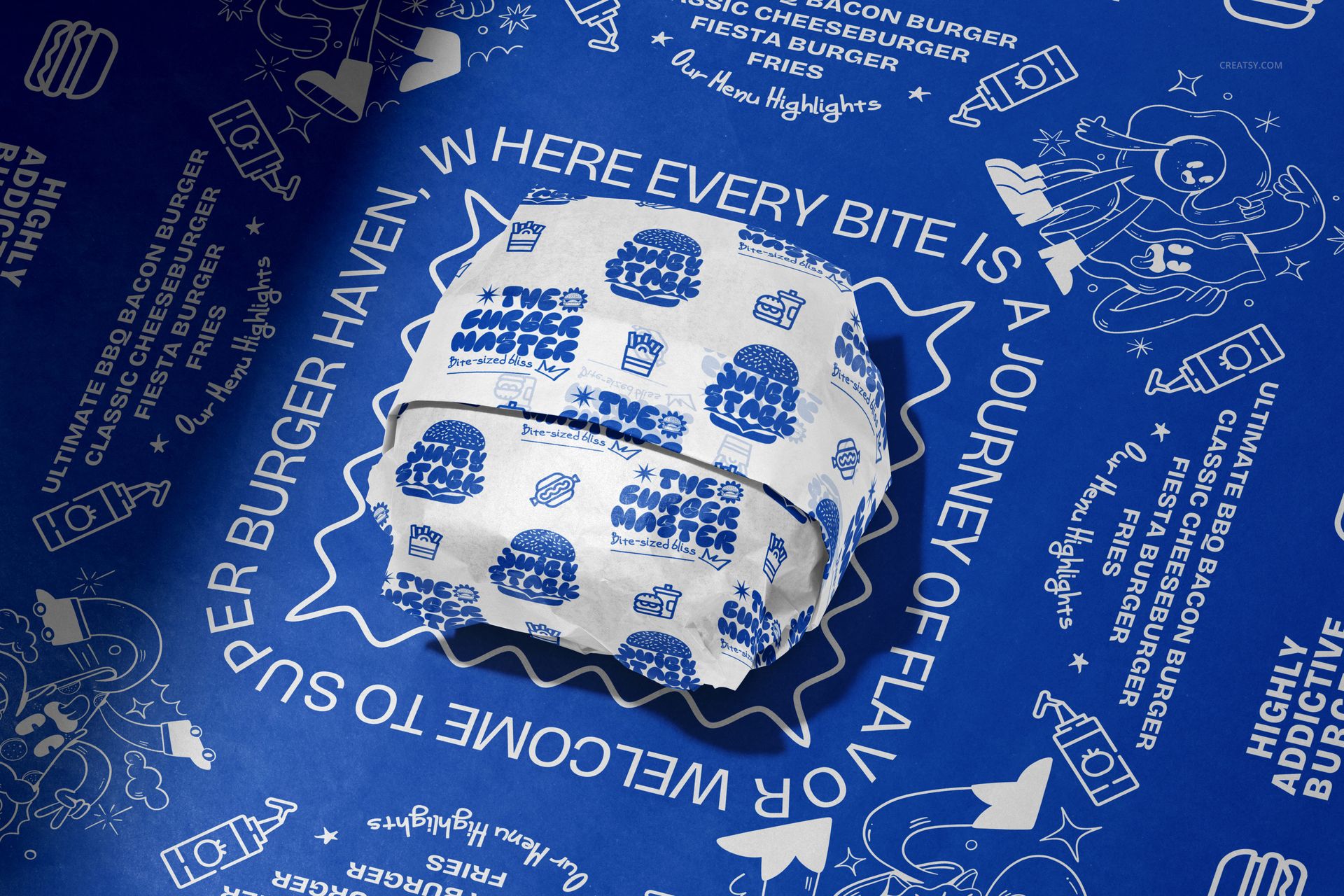 Close-up of a vegan burger in branded white and blue wrapper, set on illustrated blue mockup packaging design.