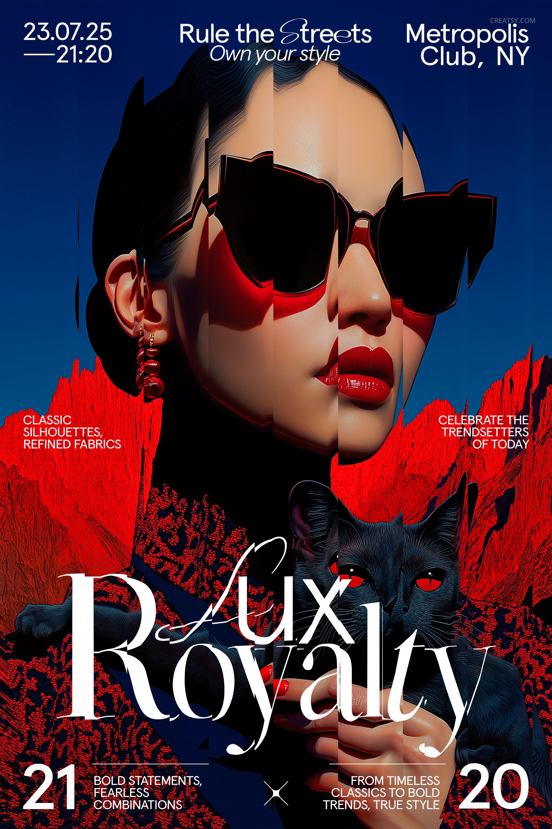 Front view of a poster mockup with bold red and blue tones, featuring stylized text and a dark fox illustration.