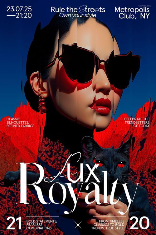 Front view of a poster mockup with bold red and blue tones, featuring stylized text and a dark fox illustration.