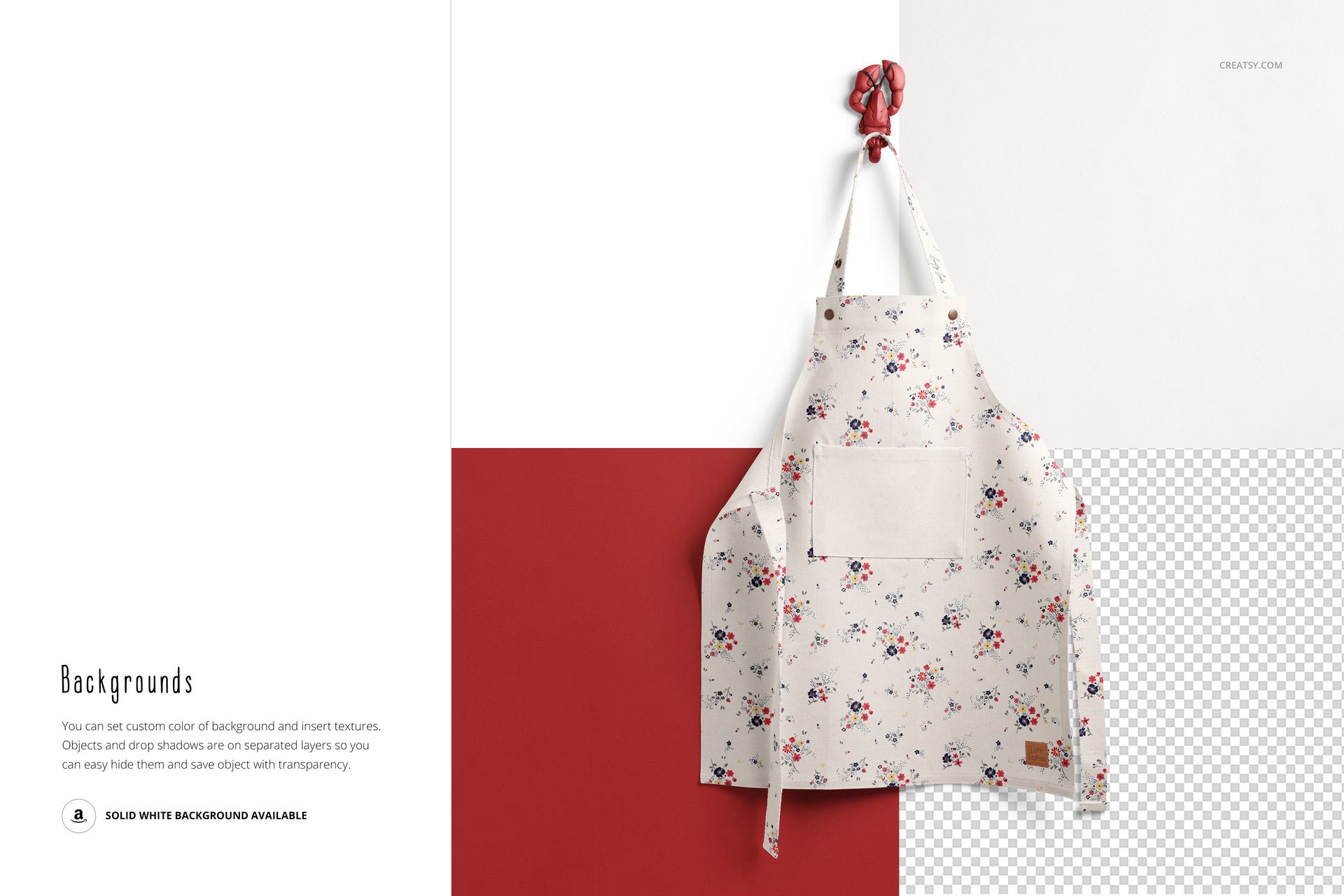 Front view of a kids apron mockup featuring a light base color and scattered floral design on a two-tone backdrop.