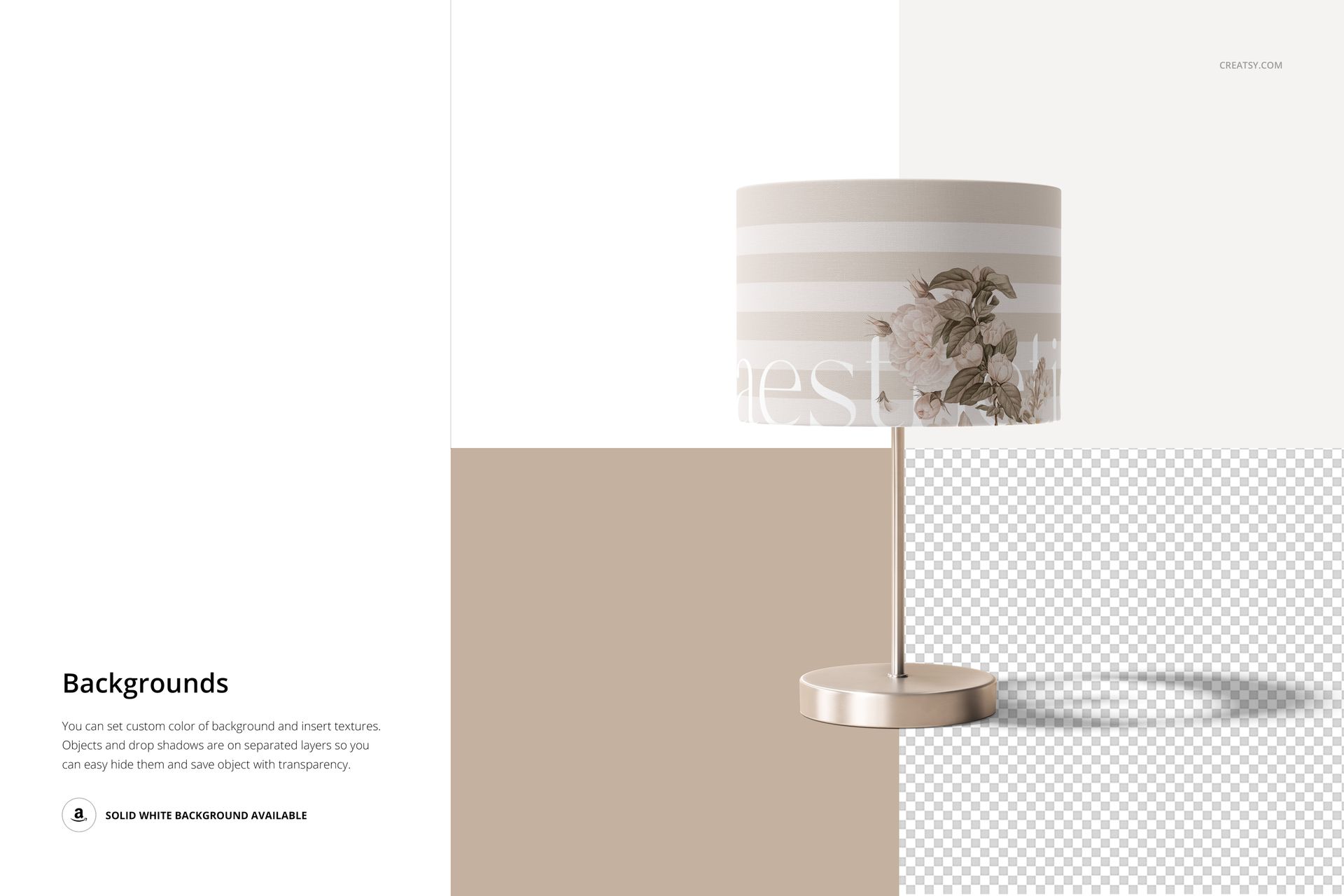 Lamp shade mockup with a cylindrical shape, featuring beige and white horizontal stripes and floral patterns, shown on a metallic base.
