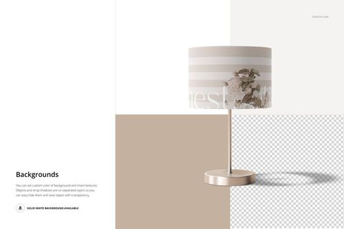 Lamp shade mockup with a cylindrical shape, featuring beige and white horizontal stripes and floral patterns, shown on a metallic base.
