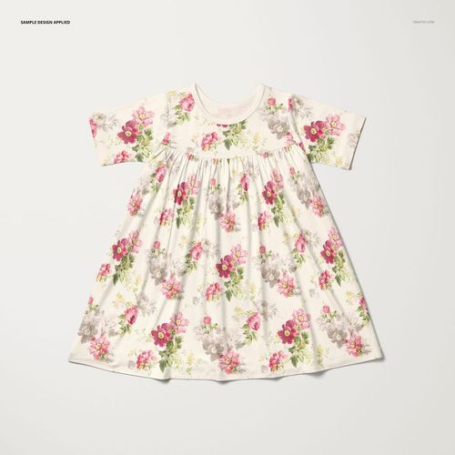 Kids swing dress mockup featuring a soft floral design in pink and gray, shown from above on a neutral surface.