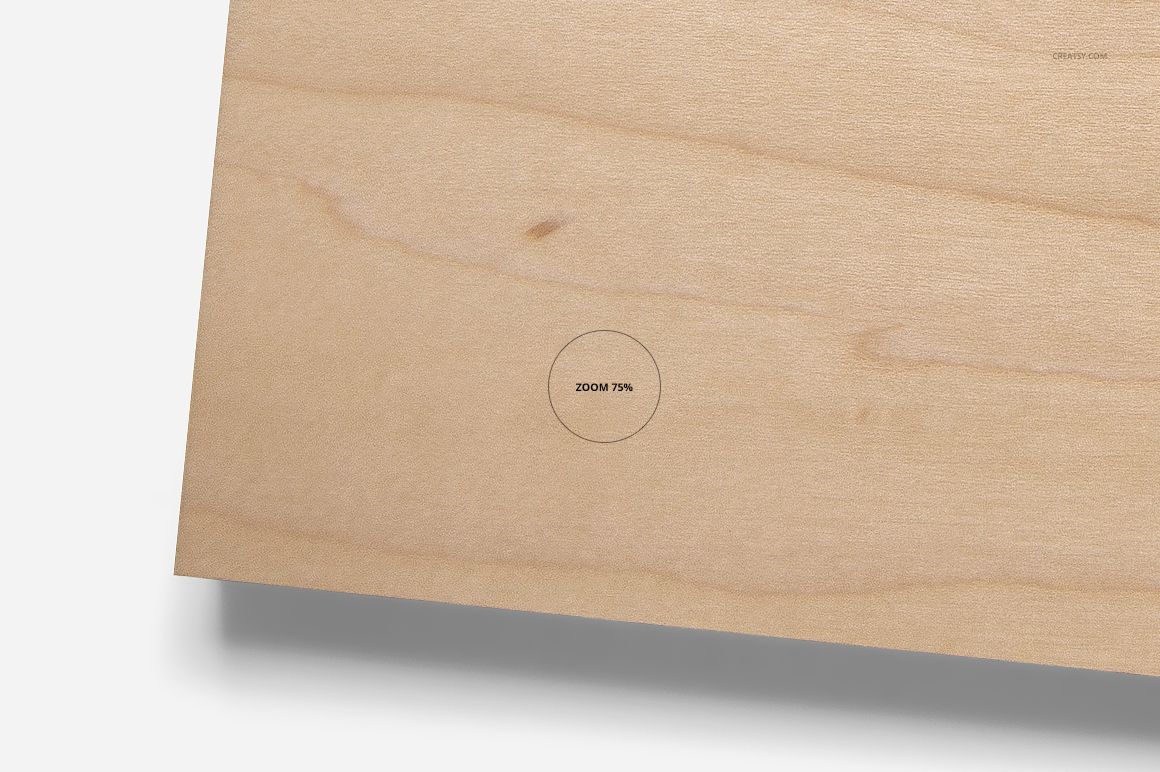 Close-up of a light wood wall art plaque mockup showing subtle grain details and smooth surface.