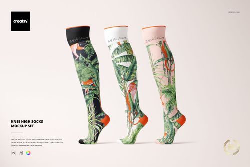 Set of three knee high socks mockup featuring colorful jungle designs, shown upright on a neutral backdrop.