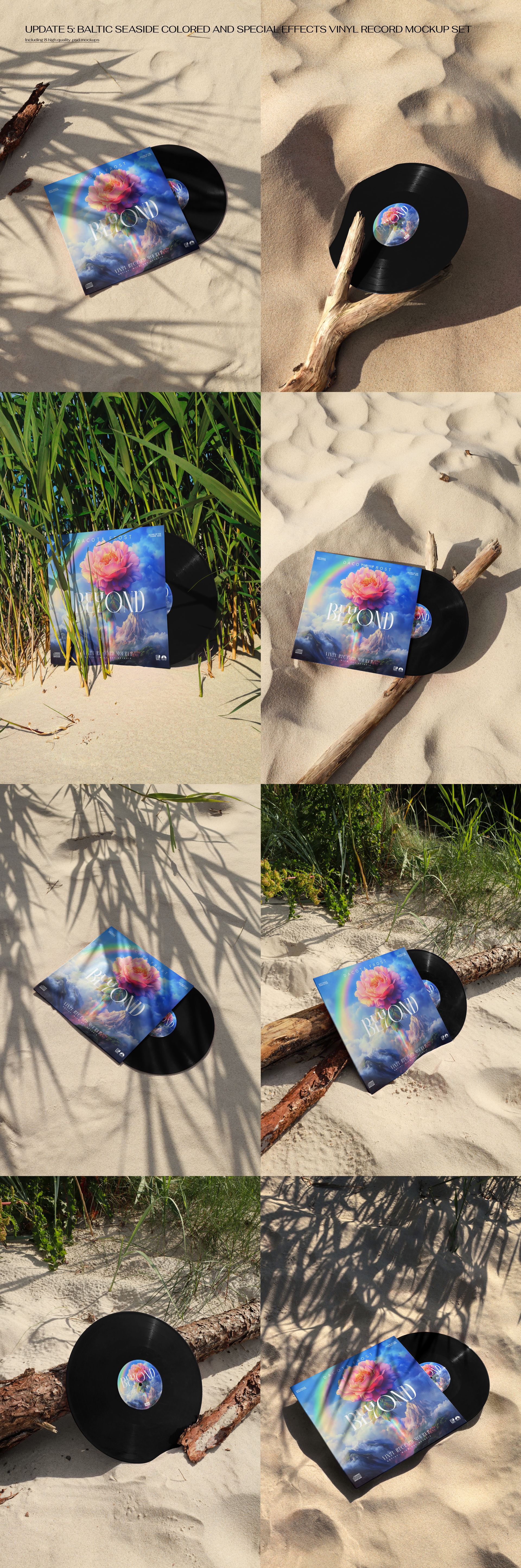 Vinyl record mockup featuring a black disc and vibrant cover art set on sand, surrounded by beach grass and wood.