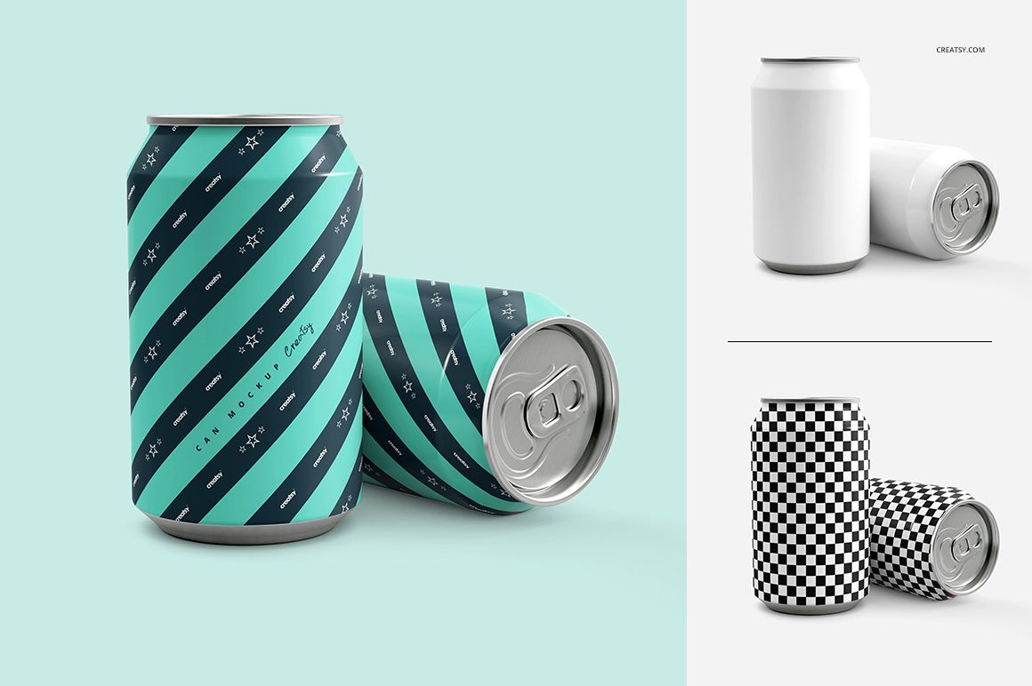 Mockup set featuring two drink cans, one with a geometric striped pattern and one blank, shown from a front angle.