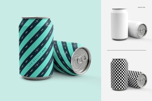 Mockup set featuring two drink cans, one with a geometric striped pattern and one blank, shown from a front angle.