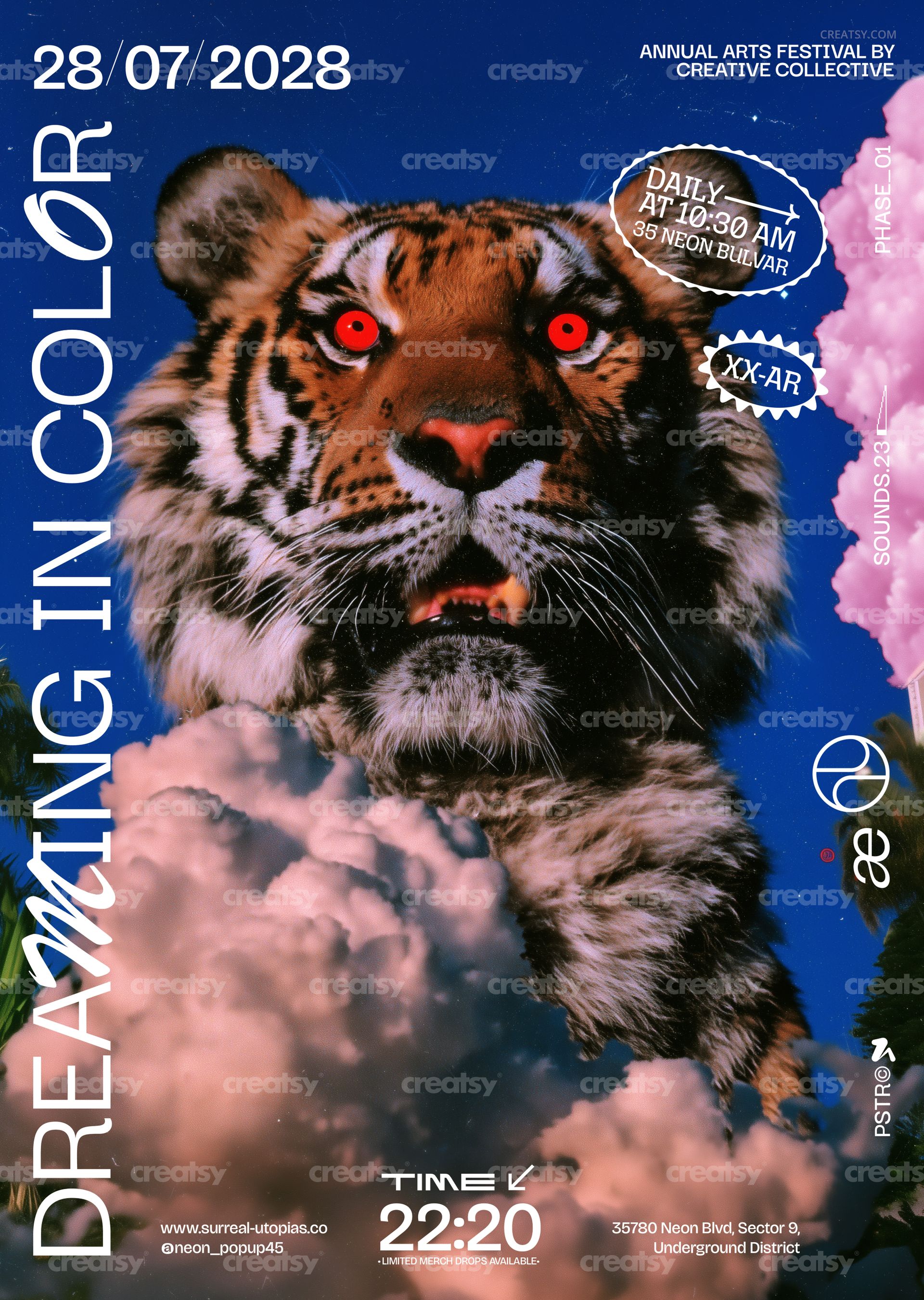 Surreal tiger dream poster mockup showing a close-up of a tiger's face with vibrant colors and dramatic clouds.