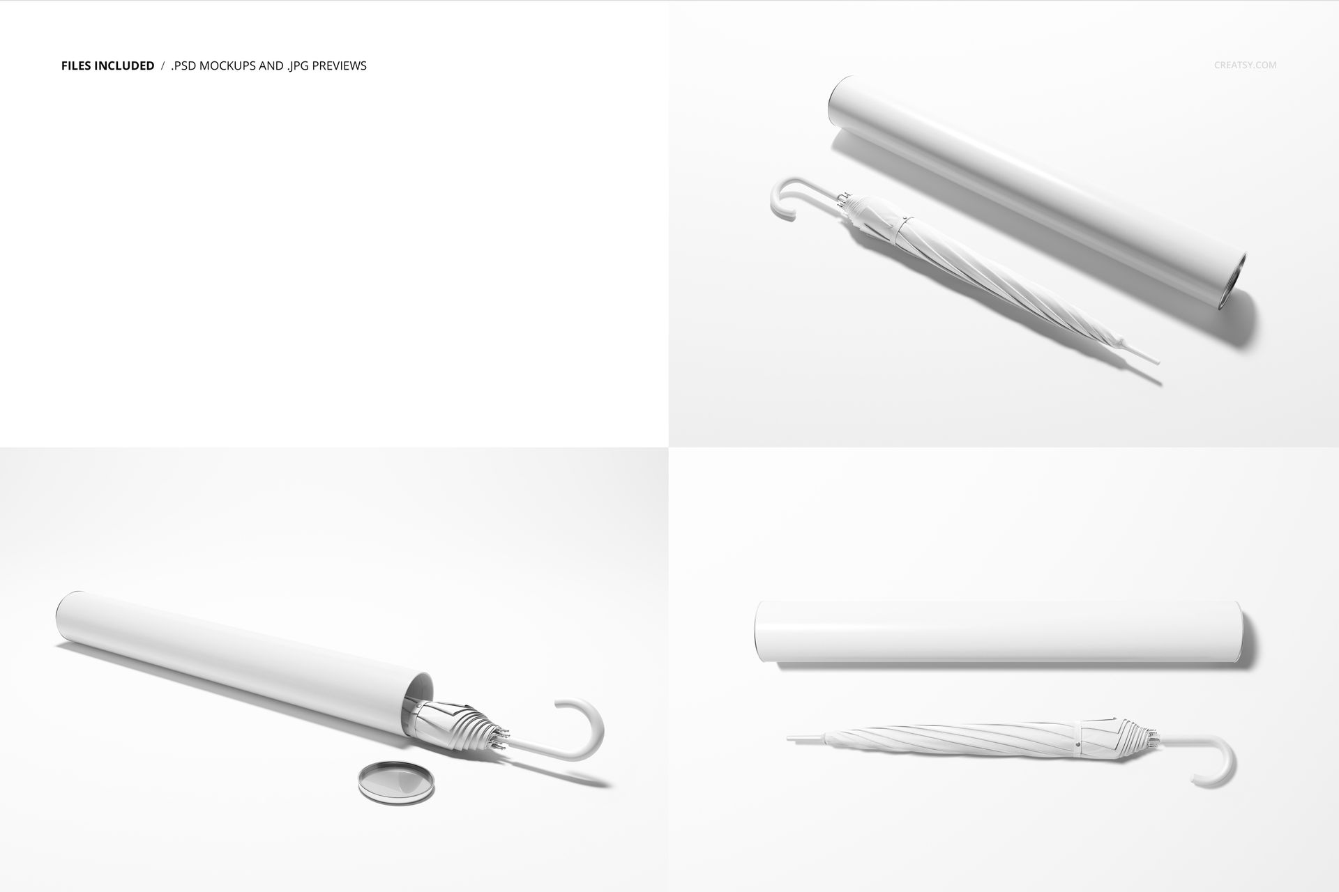 White umbrella and cylindrical packaging tube displayed in various angles on a plain light background, mockup set.