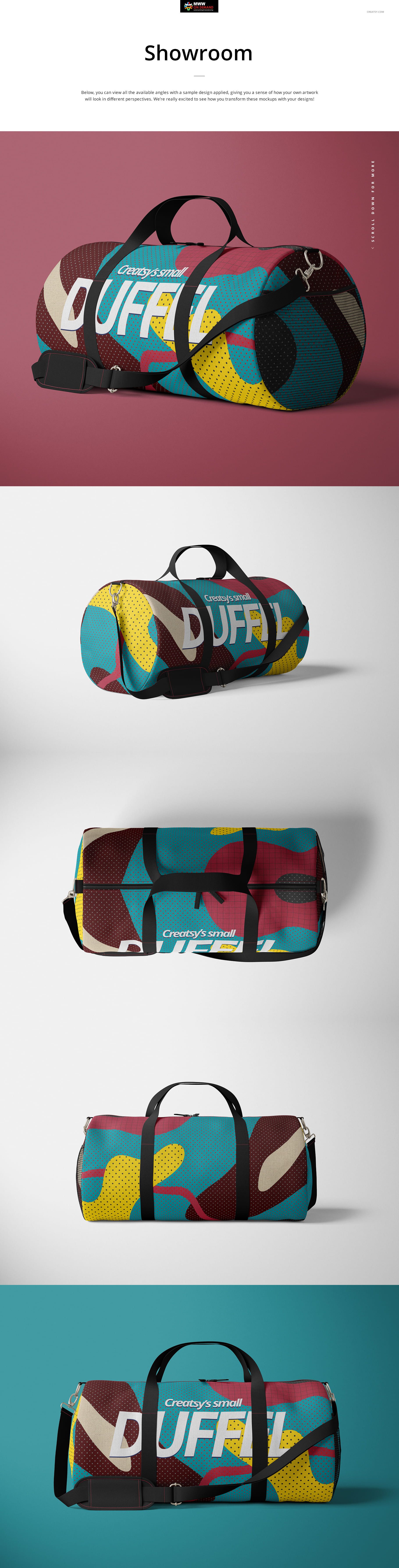 Polyester duffel bag with black handles and abstract multicolor pattern, shown from various angles on solid backgrounds.