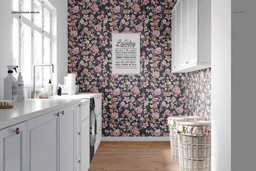 PSD mockup of a laundry room featuring floral wall design, white cabinetry, wicker hampers, and bright windows.