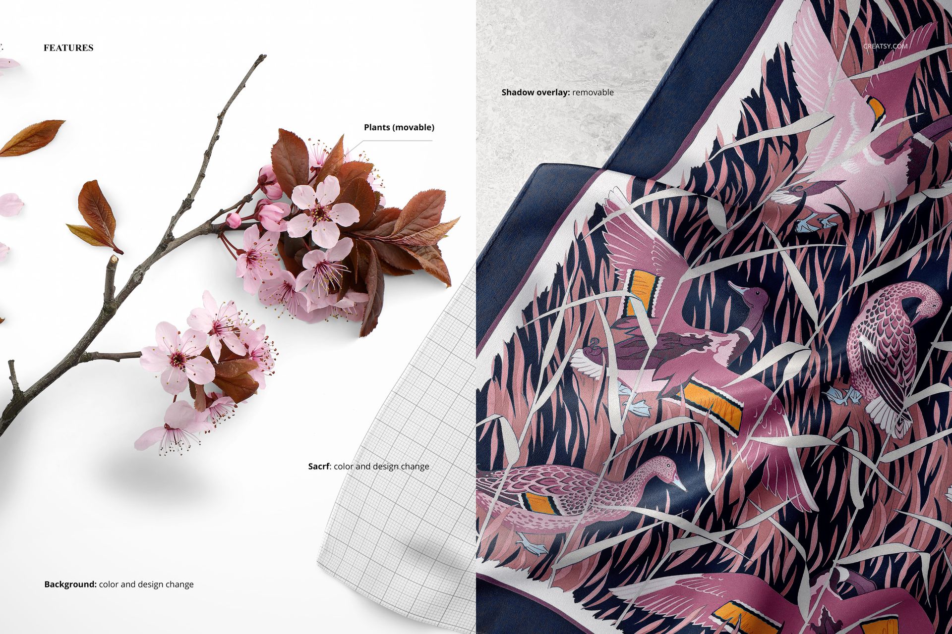 Close-up view of a silk scarf mockup with pink floral and bird patterns next to cherry blossom branches.
